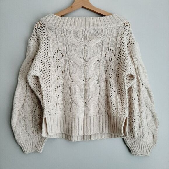 CLOTH by RD Cable Knit Scoop Neck Pullover Knit Sweater Puff Sleeve White Sz XS - Picture 9 of 16